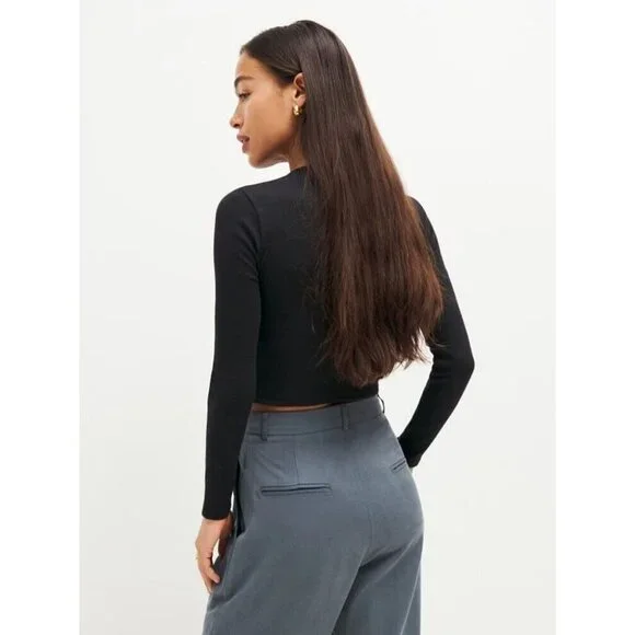 REFORMATION Muse Black Modal Ribbed Jersey Cropped Long Sleeve T-Shirt, Size XS - Picture 3 of 9